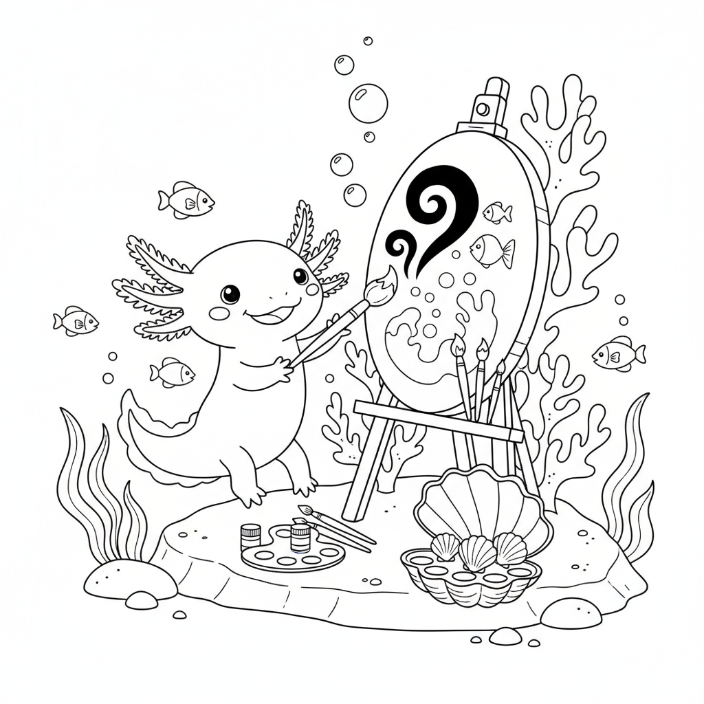 Axolotl painting on underwater canvas creative artist - Free Printable Coloring Page