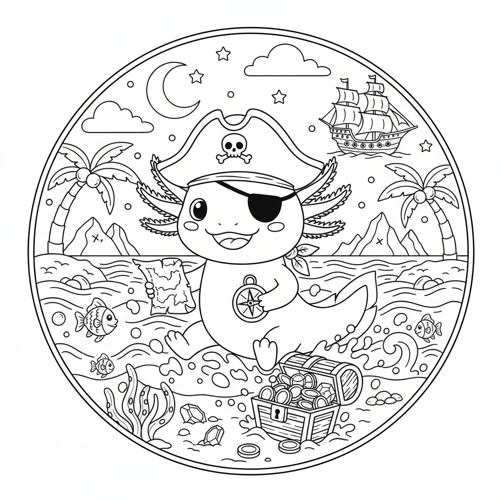 Axolotl pirate with tiny hat on treasure hunt adventure - Free Printable Coloring Page