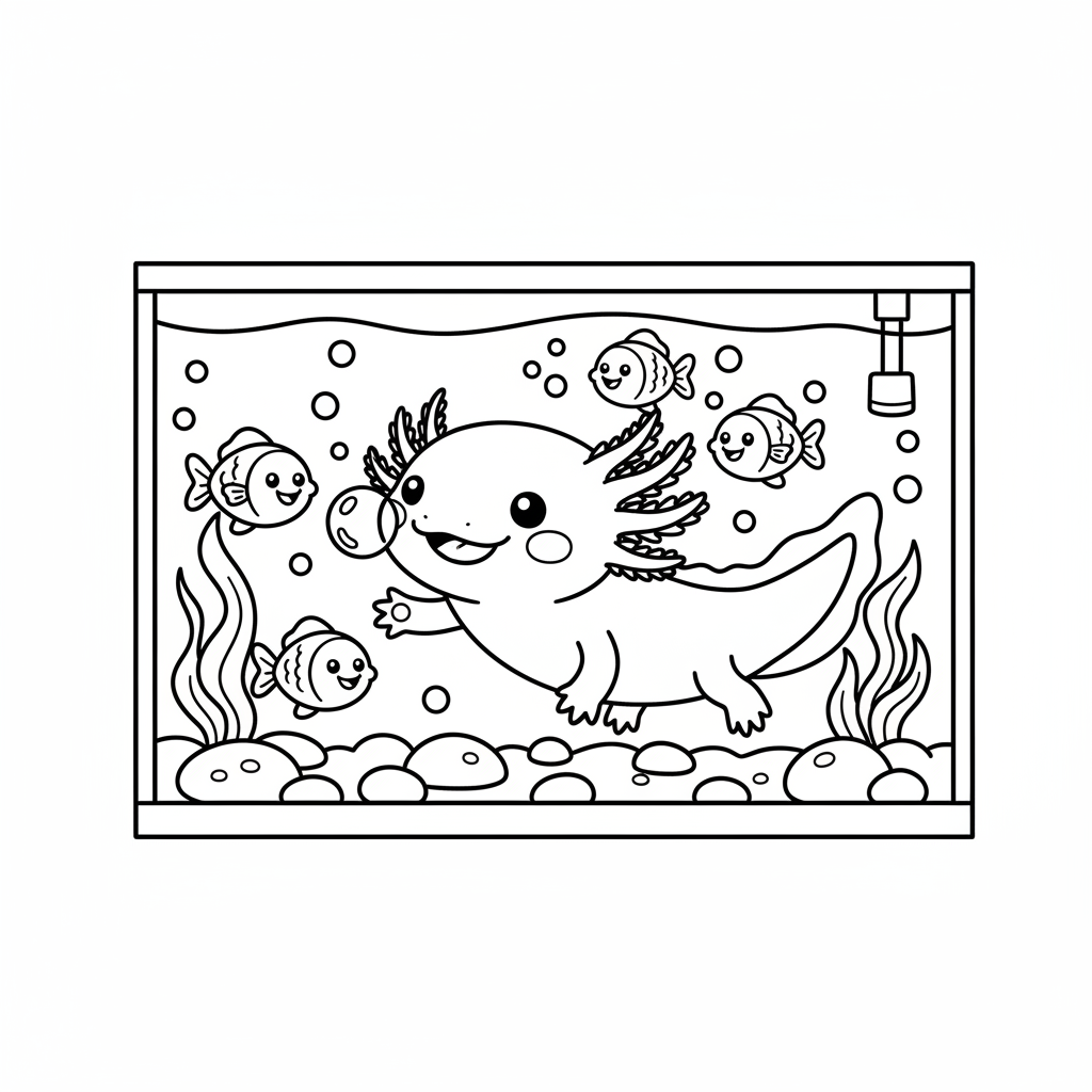Axolotl playing with small fish friends in aquarium - Free Printable Coloring Page