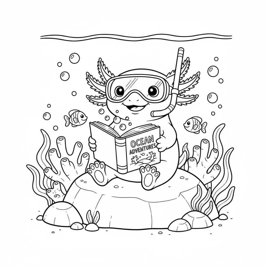 Axolotl reading a waterproof book under the sea - Free Printable Coloring Page