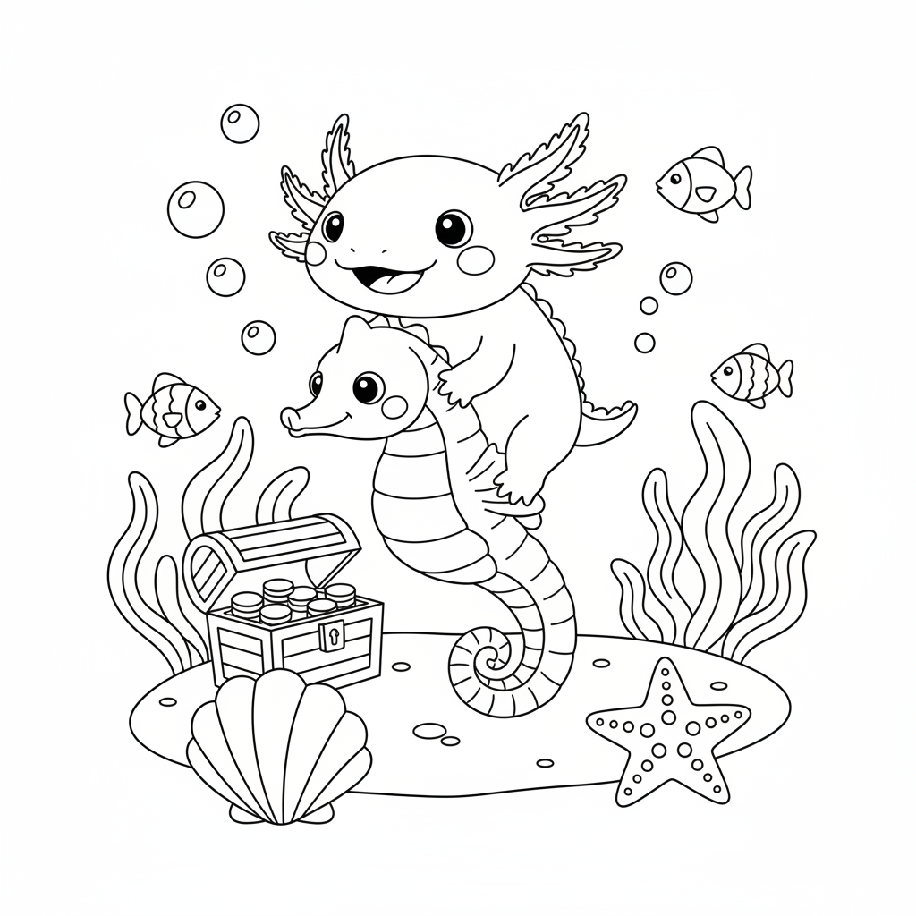 Axolotl riding a seahorse through ocean adventure - Free Printable Coloring Page