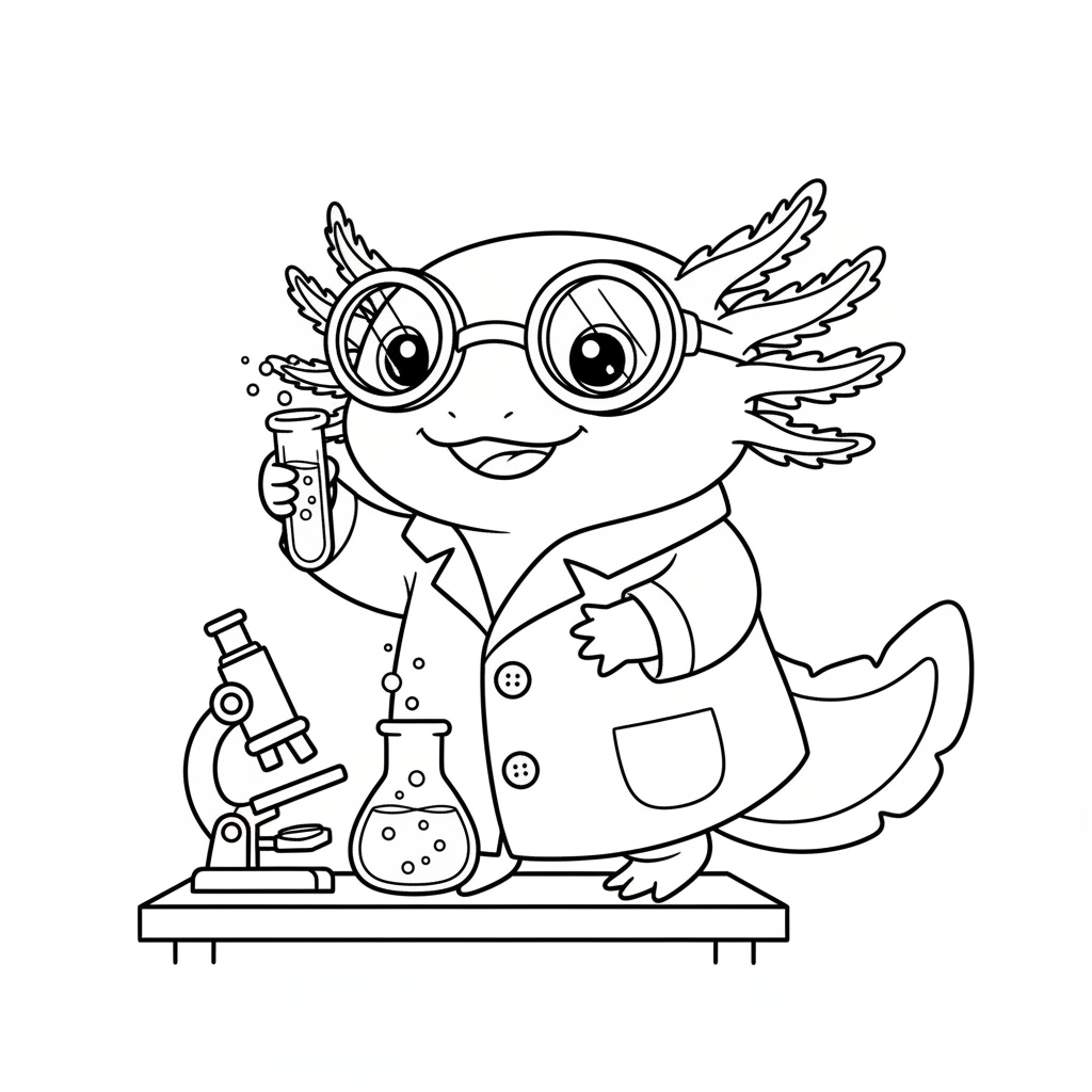 Axolotl scientist with goggles examining water samples - Free Printable Coloring Page Axolotl scientist with goggles examining water samples - Free Printable Coloring Page
