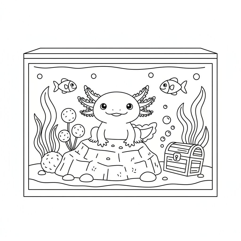 Axolotl sitting on a rock in decorated aquarium - Free Printable Coloring Page