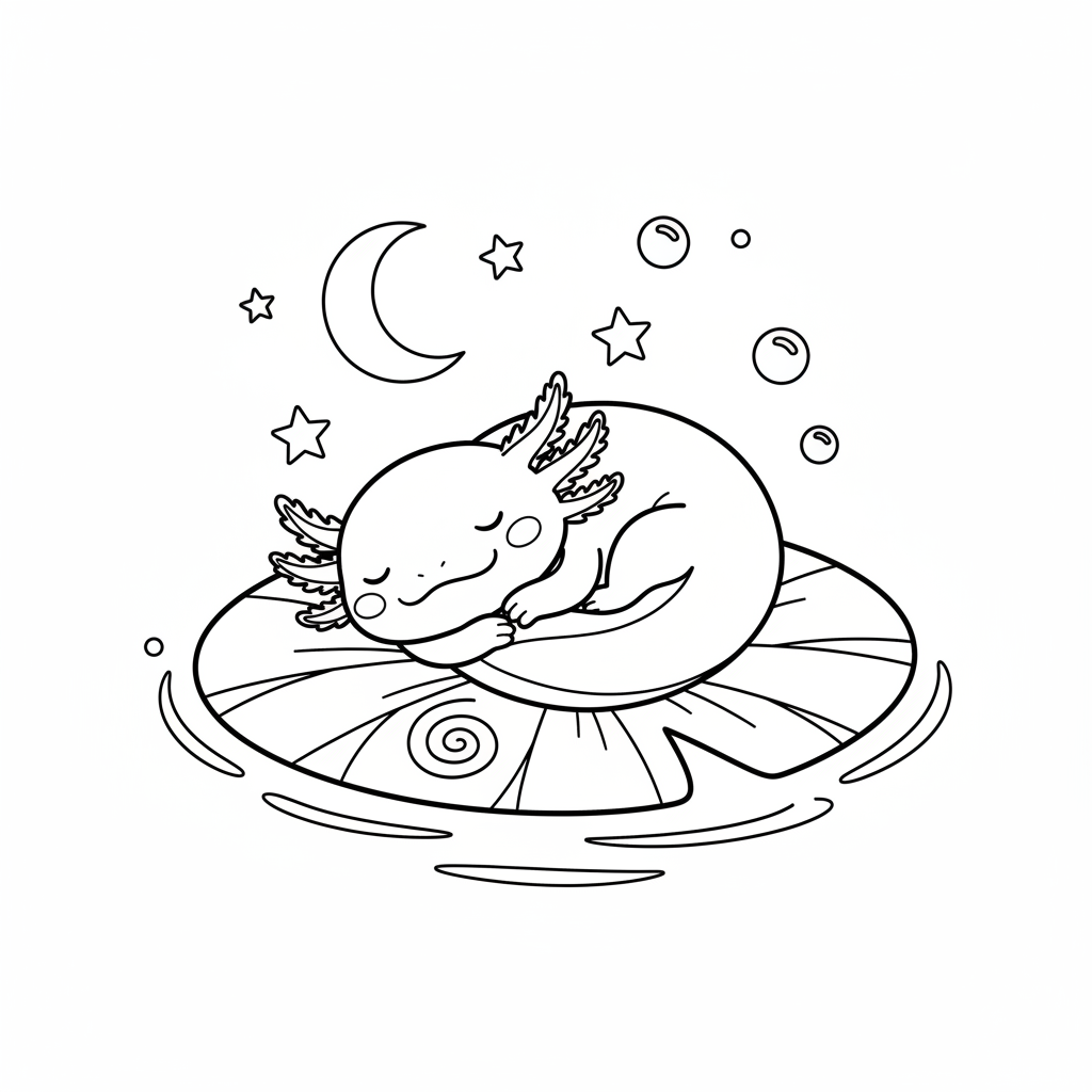 Axolotl sleeping peacefully on a lily pad nighttime - Free Printable Coloring Page