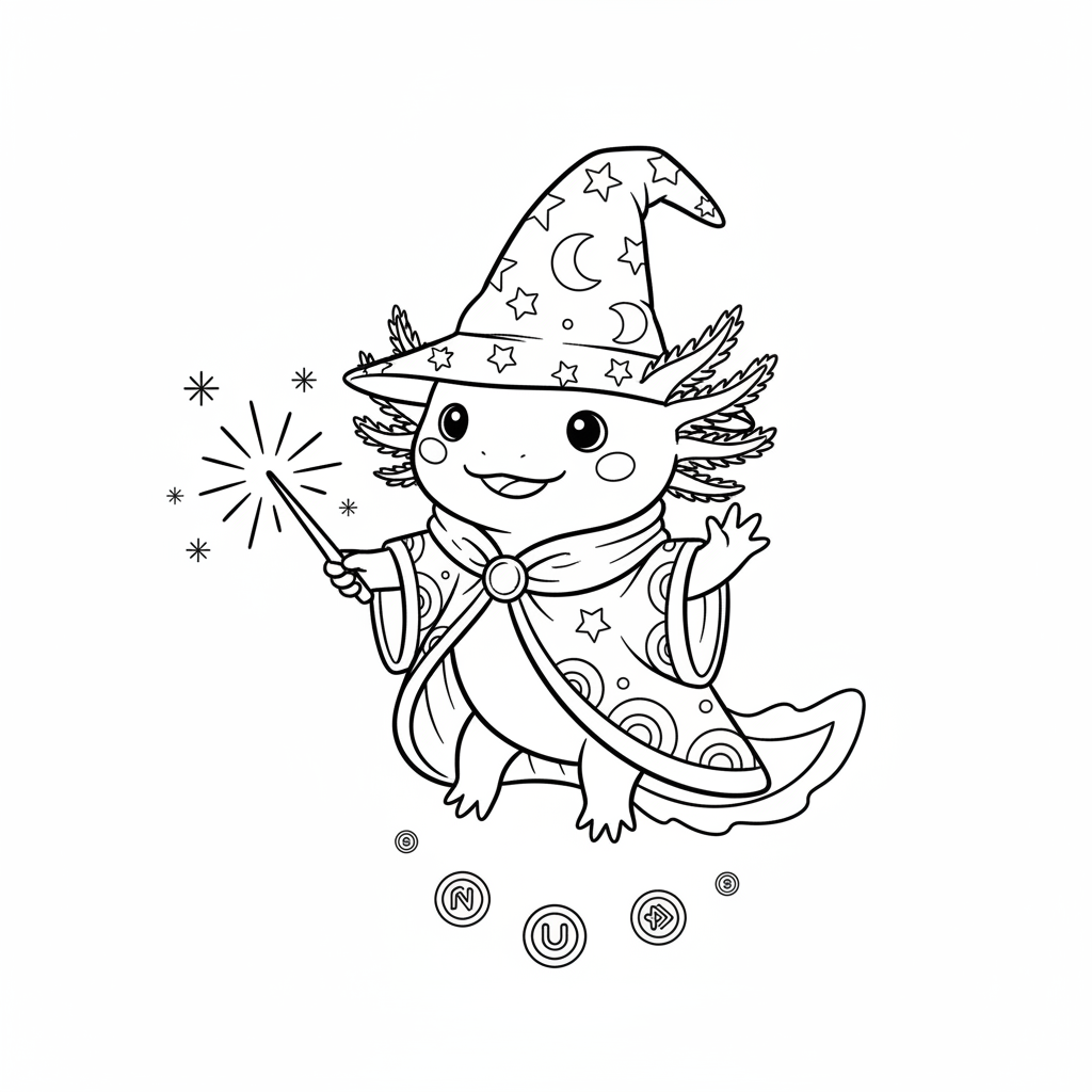 Axolotl wizard casting sparkle spells with tiny wand - Free Printable Coloring Page