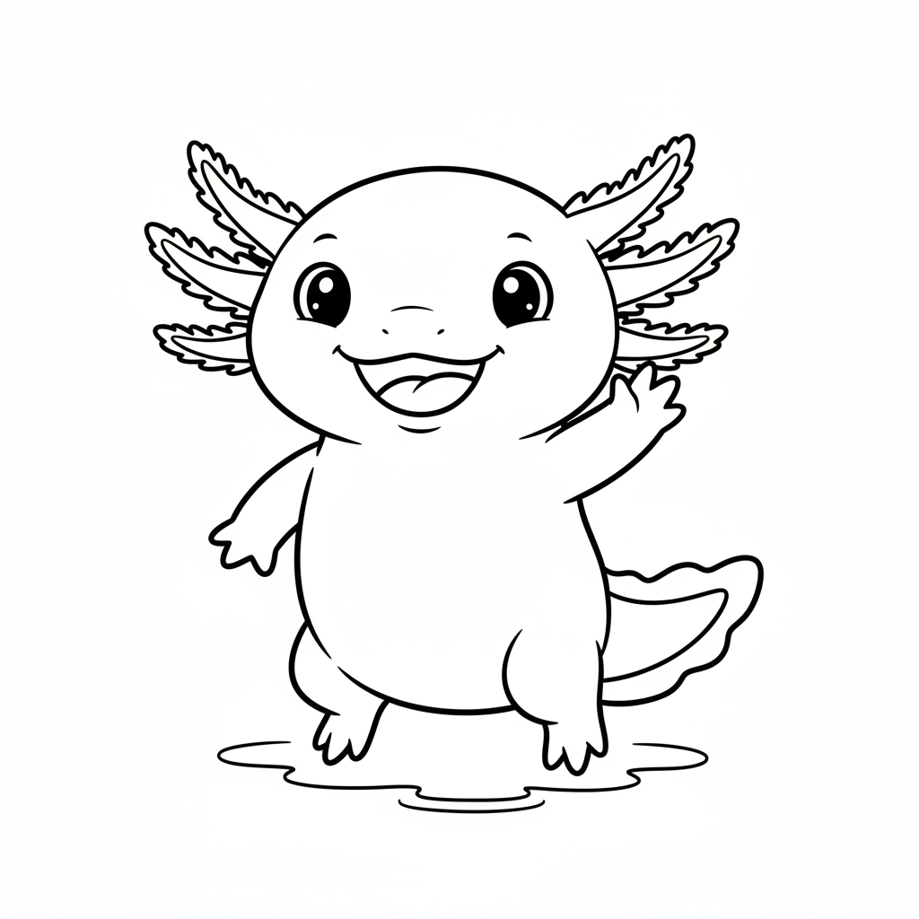 Cartoon axolotl waving hello with big friendly smile - Free Printable Coloring Page
