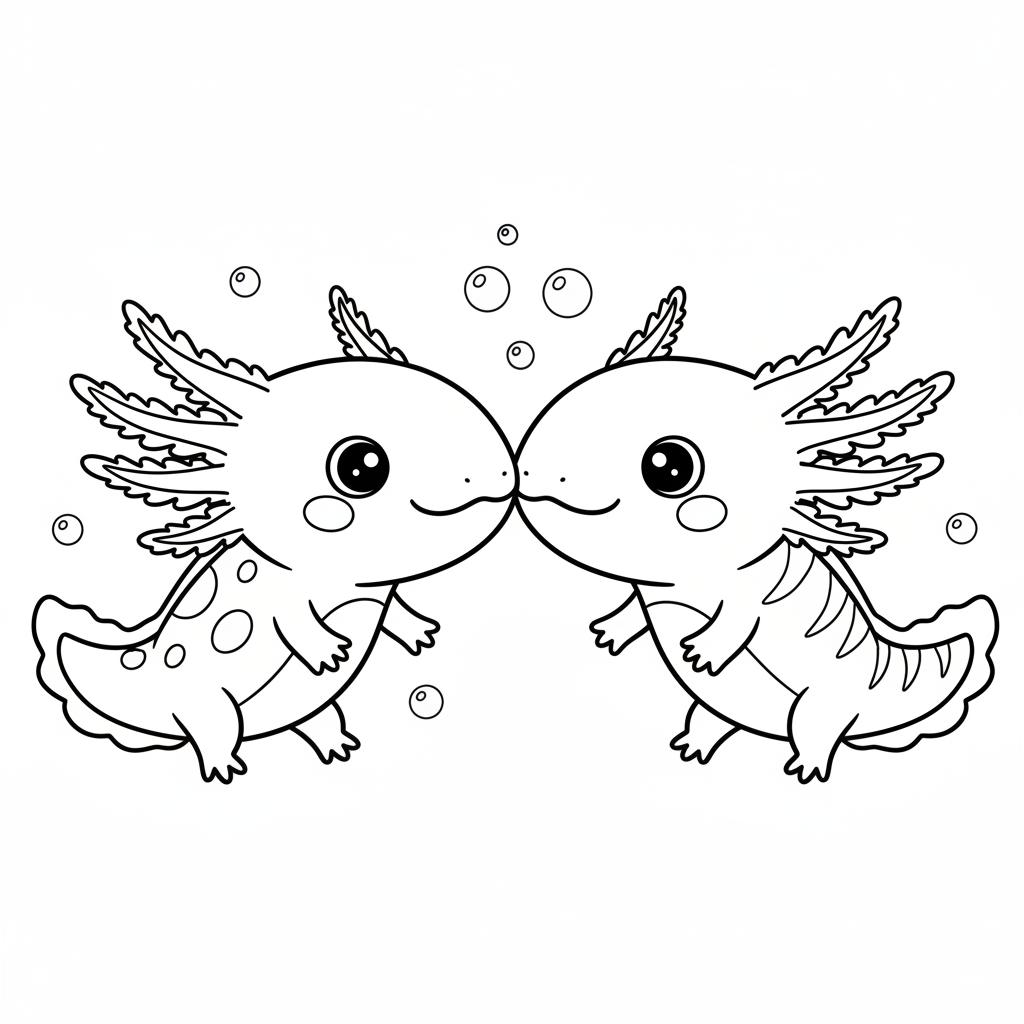 Two axolotls touching noses sweet friendship moment - Free Printable Coloring Page