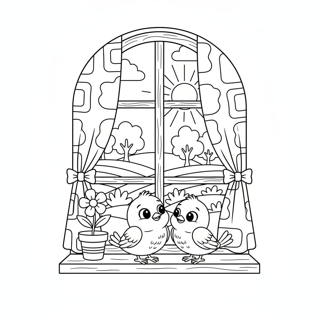 Baby and mama bird watching at window together bonding - Free Printable Coloring Page Baby and mama bird watching at window together bonding - Free Printable Coloring Page