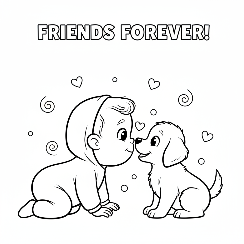 Baby and puppy nose to nose first meeting sweet - Free Printable Coloring Page Baby and puppy nose to nose first meeting sweet - Free Printable Coloring Page