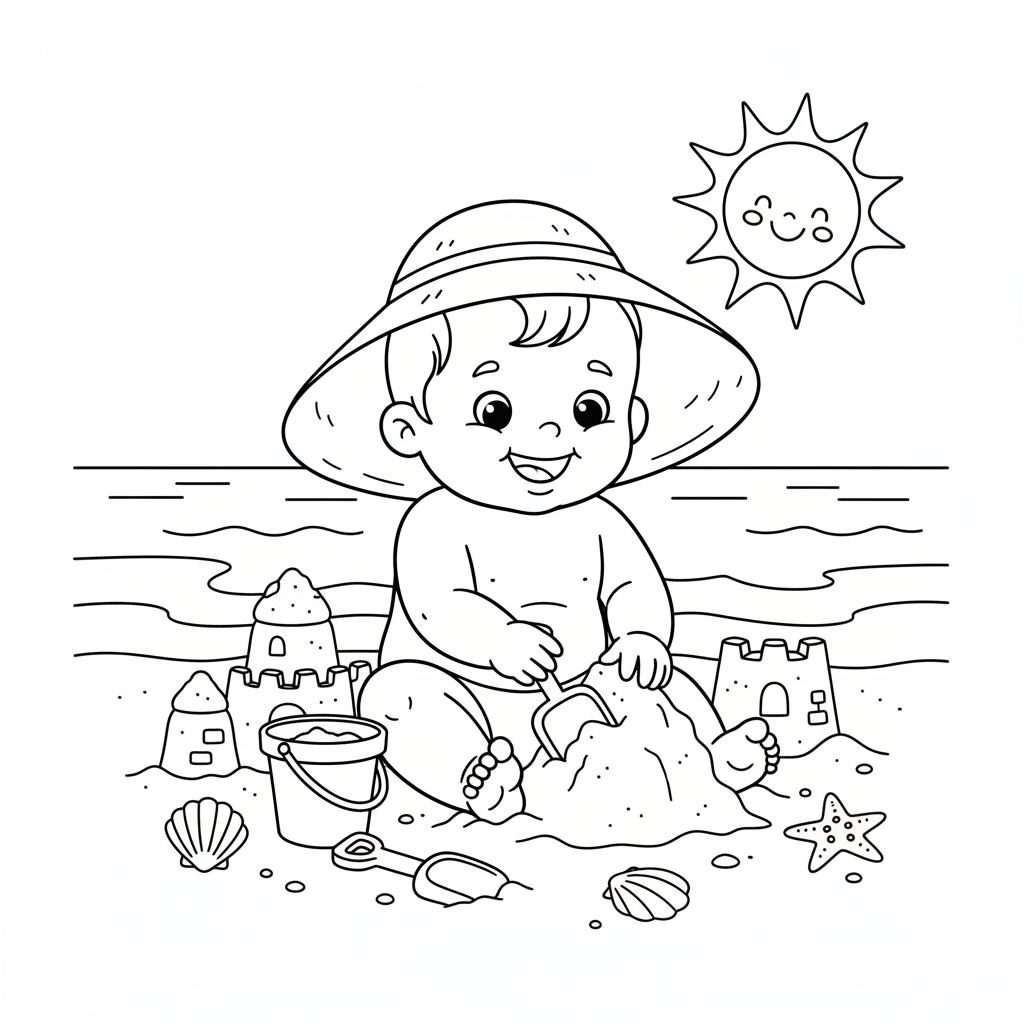 Baby at the beach in sun hat playing with sand - Free Printable Coloring Page