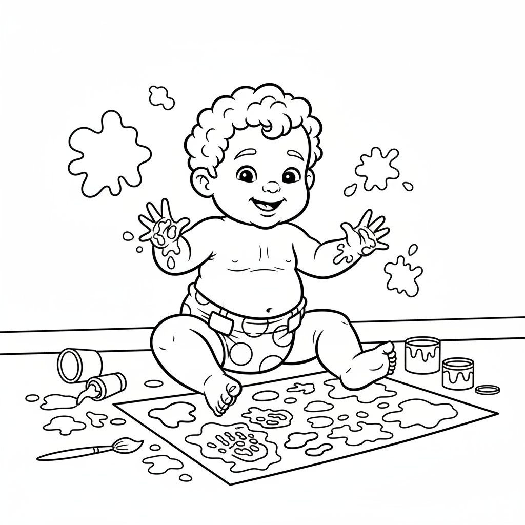 Baby finger painting making colorful messy art on paper - Free Printable Coloring Page