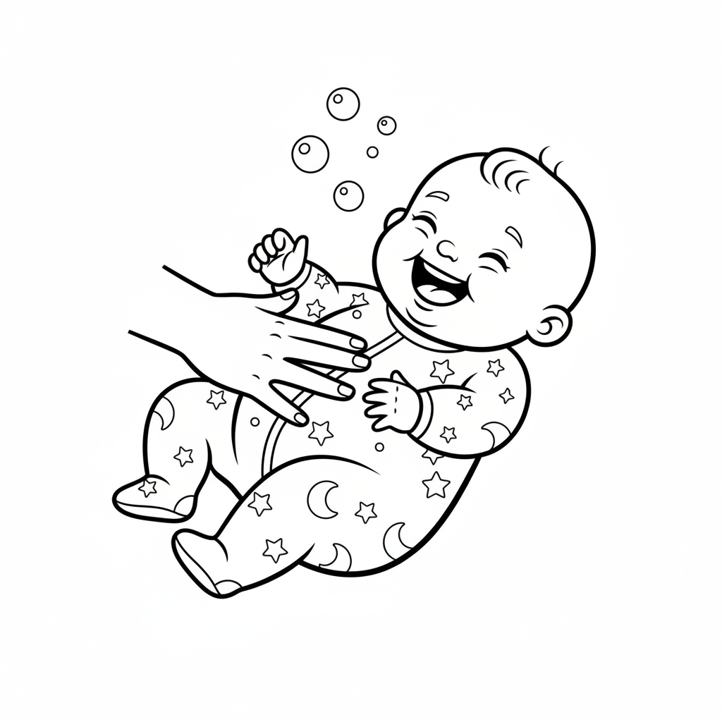Baby giggling while being tickled on tummy happy - Free Printable Coloring Page