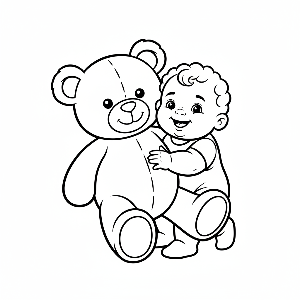Baby holding big teddy bear that is bigger than them - Free Printable Coloring Page