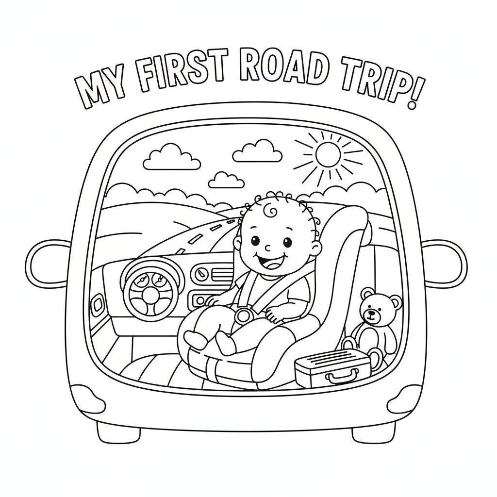 Baby in car seat going on first road trip - Free Printable Coloring Page