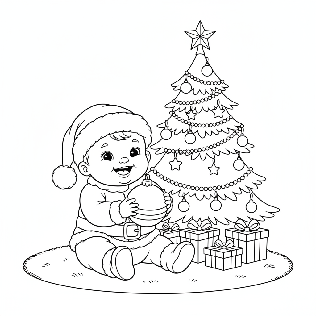 Baby in Christmas outfit sitting by decorated tree - Free Printable Coloring Page Baby in Christmas outfit sitting by decorated tree - Free Printable Coloring Page