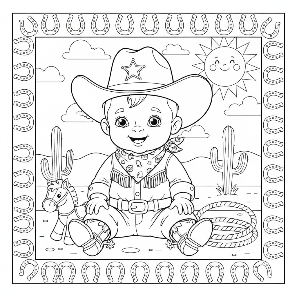 Baby in cowboy hat and boots western outfit cute - Free Printable Coloring Page Baby in cowboy hat and boots western outfit cute - Free Printable Coloring Page