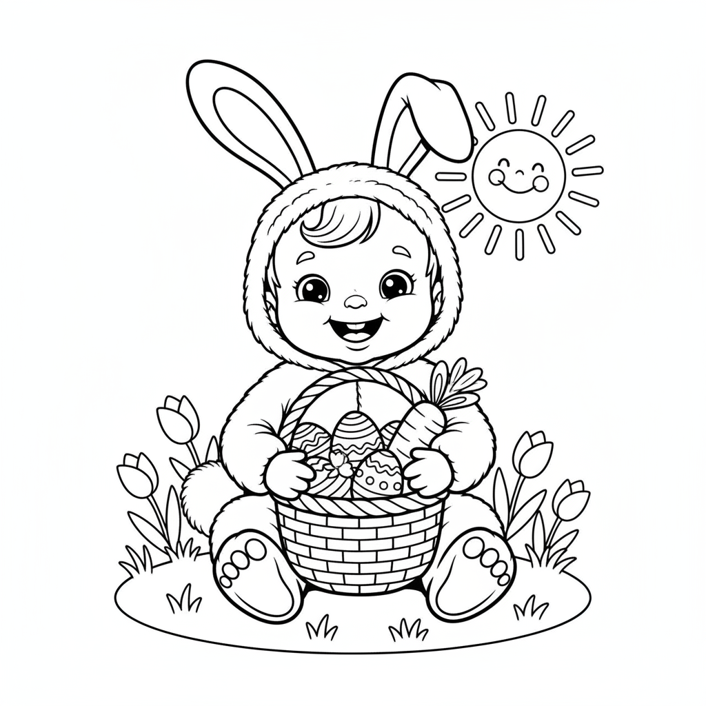 Baby in Easter outfit with bunny ears and basket - Free Printable Coloring Page