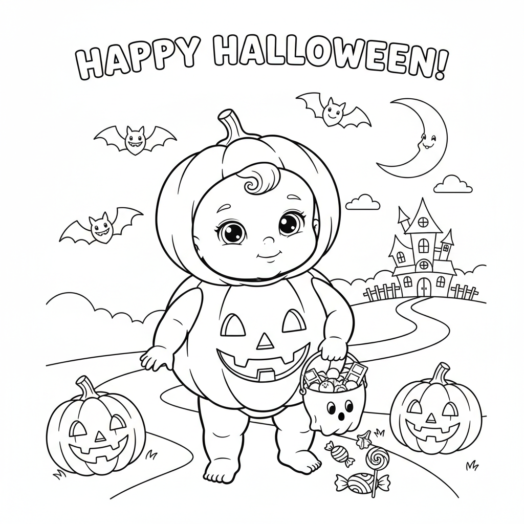 Baby in Halloween costume pumpkin outfit trick or treat - Free Printable Coloring Page