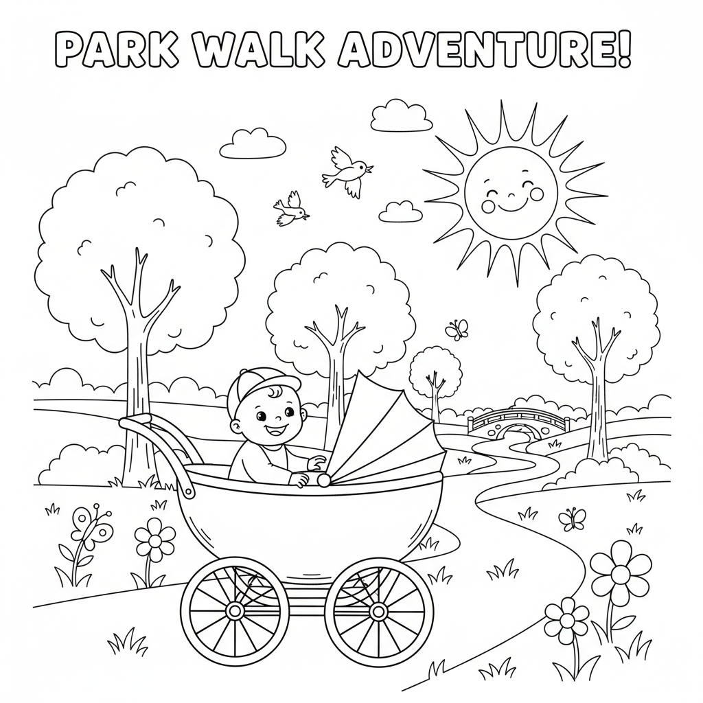 Baby in stroller going for walk in sunny park - Free Printable Coloring Page