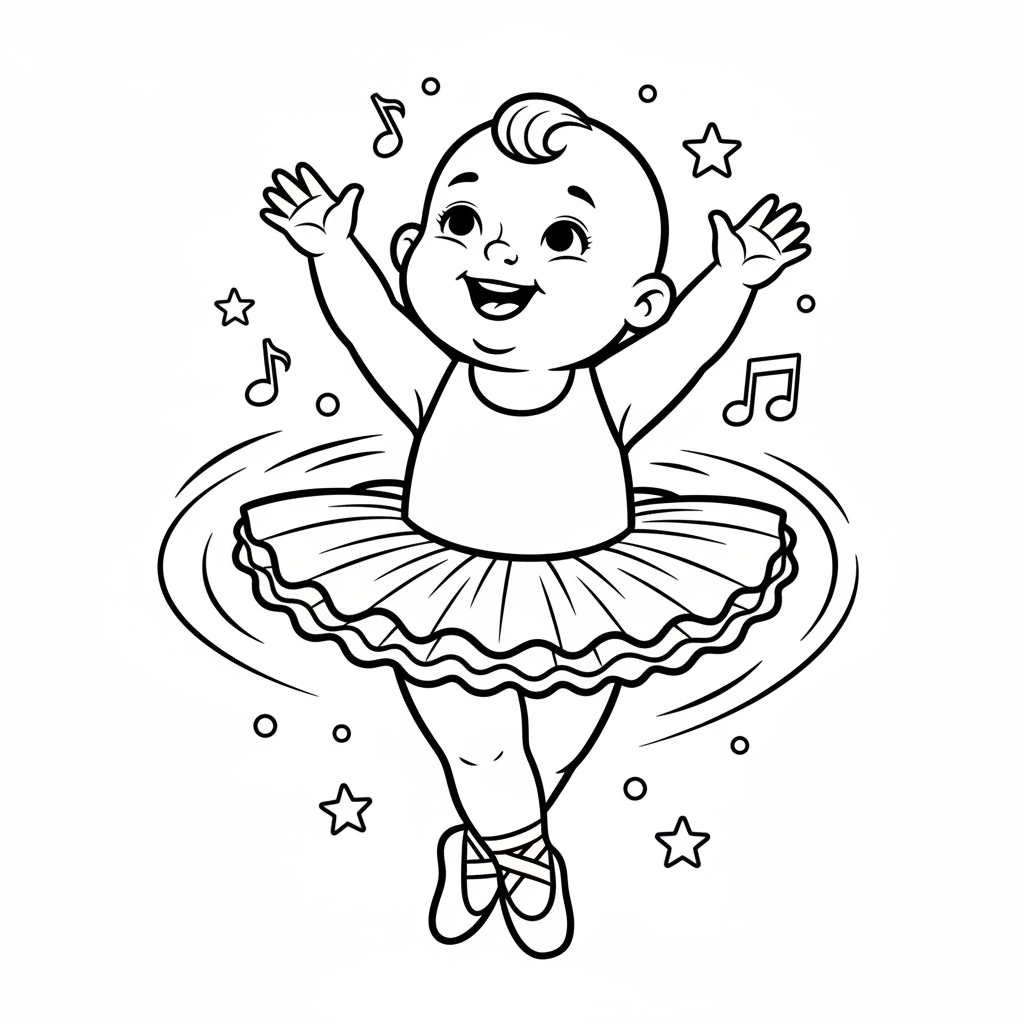 Baby in tutu outfit dancing with arms up twirling - Free Printable Coloring Page
