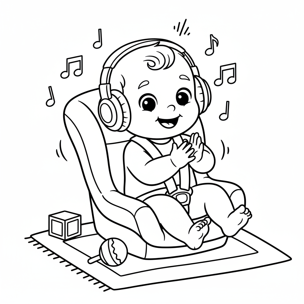 Baby listening to music clapping hands dancing in seat - Free Printable Coloring Page