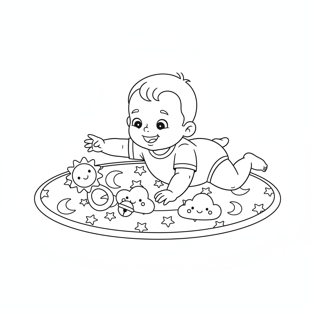 Baby lying on tummy time mat reaching for toys - Free Printable Coloring Page