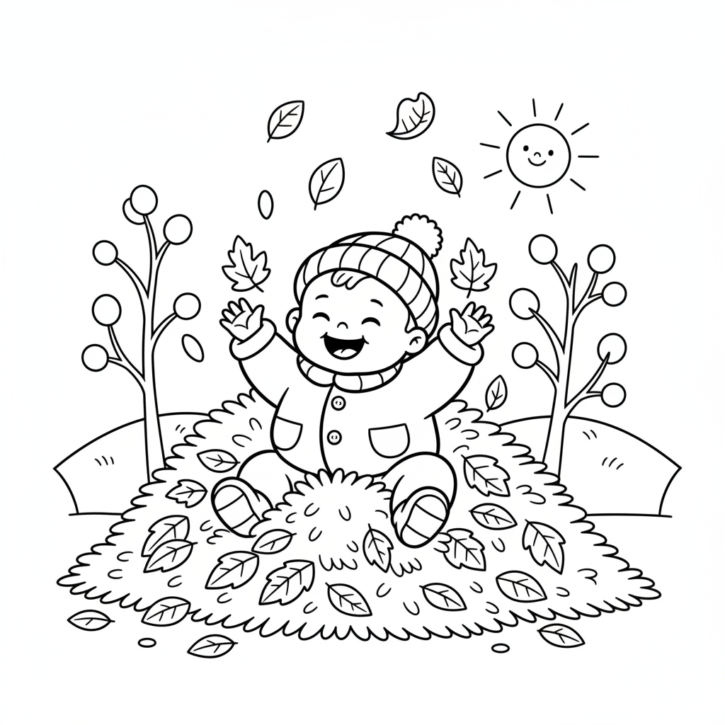 Baby playing in leaves pile autumn outdoor fun - Free Printable Coloring Page Baby playing in leaves pile autumn outdoor fun - Free Printable Coloring Page