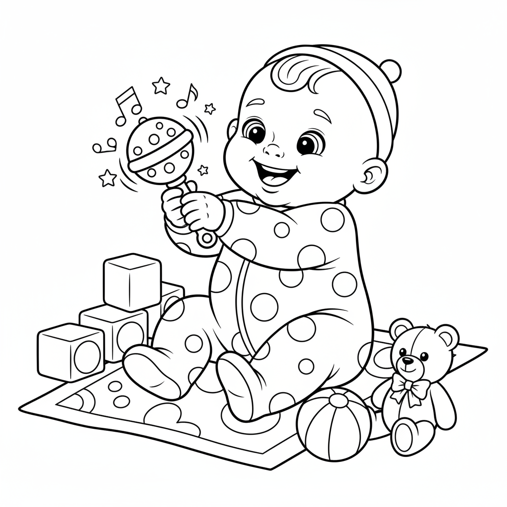 Baby playing with rattle toy shaking it happily - Free Printable Coloring Page