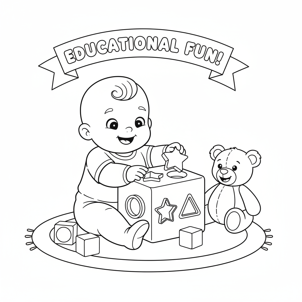 Baby playing with shape sorter toy educational fun - Free Printable Coloring Page