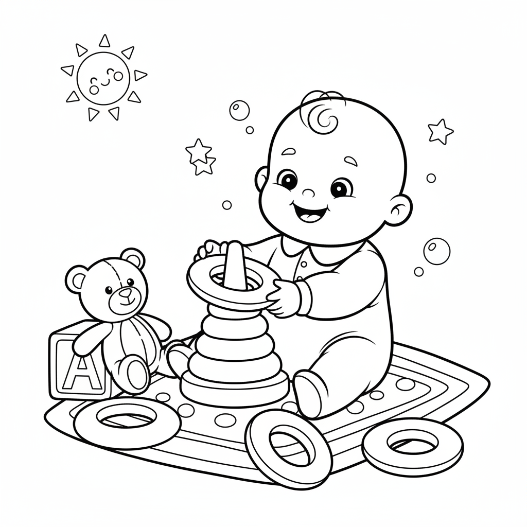 Baby playing with stacking rings toy on floor learning - Free Printable Coloring Page Baby playing with stacking rings toy on floor learning - Free Printable Coloring Page