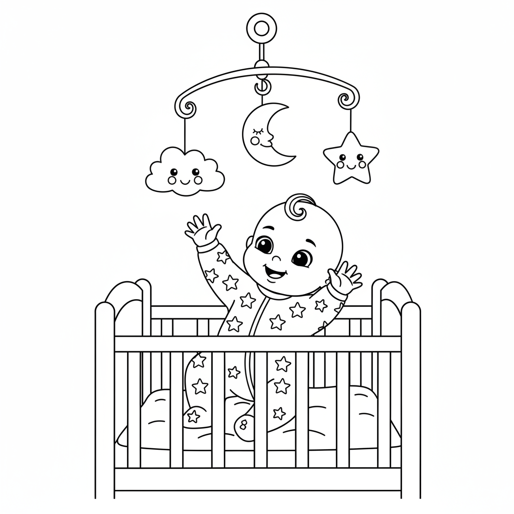Baby reaching for mobile above crib with spinning toys - Free Printable Coloring Page