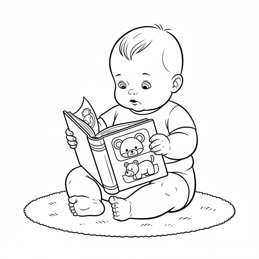 Baby reading board book turning pages with chubby hands - Free Printable Coloring Page Baby reading board book turning pages with chubby hands - Free Printable Coloring Page