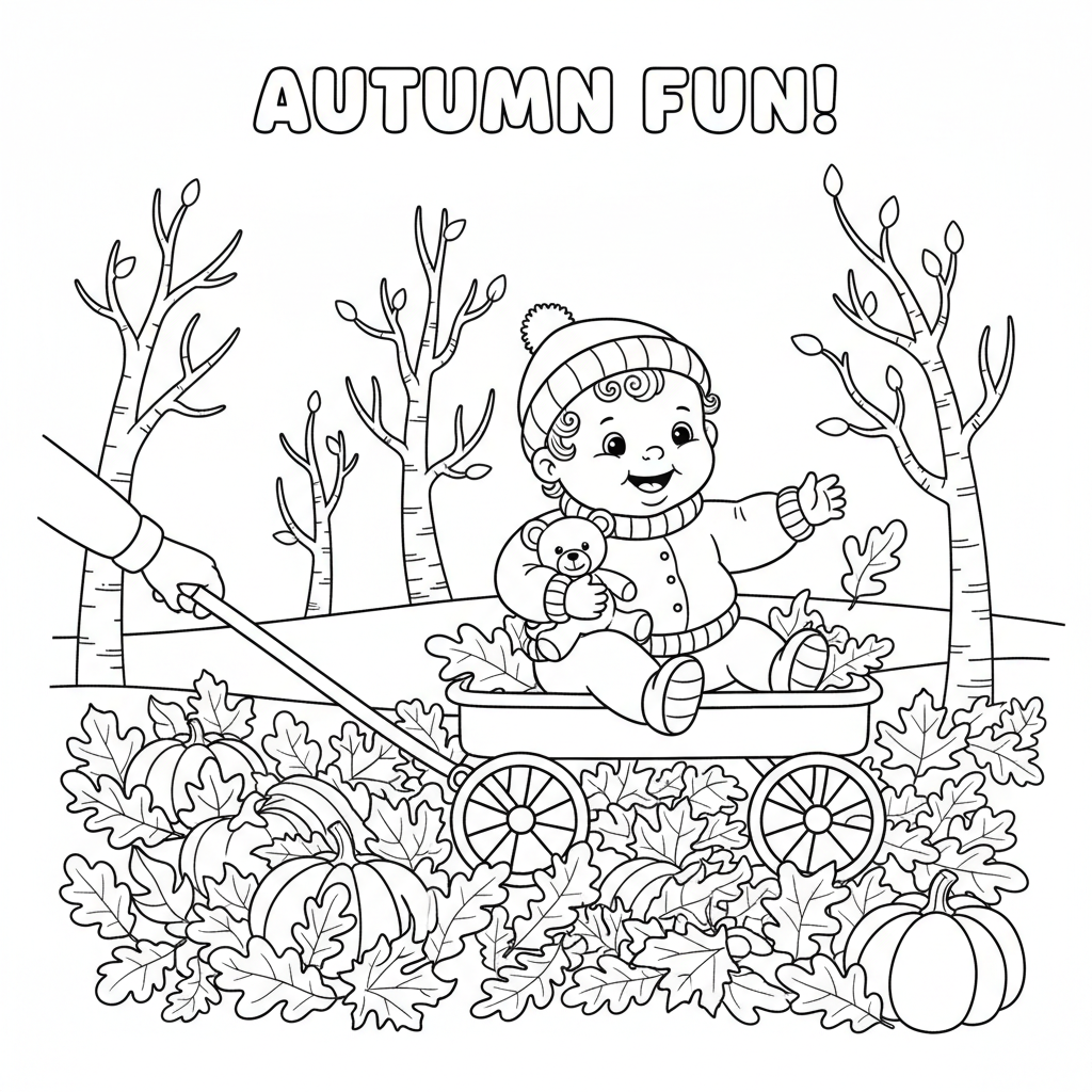 Baby sitting in wagon being pulled through fall leaves - Free Printable Coloring Page Baby sitting in wagon being pulled through fall leaves - Free Printable Coloring Page