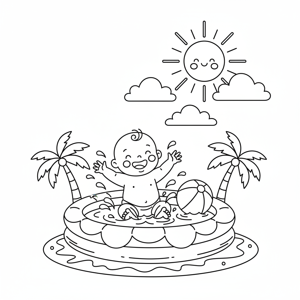 Baby splashing in kiddie pool on hot summer day - Free Printable Coloring Page Baby splashing in kiddie pool on hot summer day - Free Printable Coloring Page