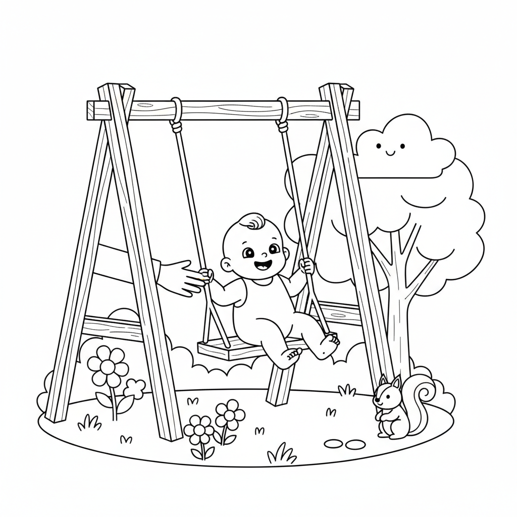 Baby swinging in park swing gentle push happy face - Free Printable Coloring Page Baby swinging in park swing gentle push happy face - Free Printable Coloring Page