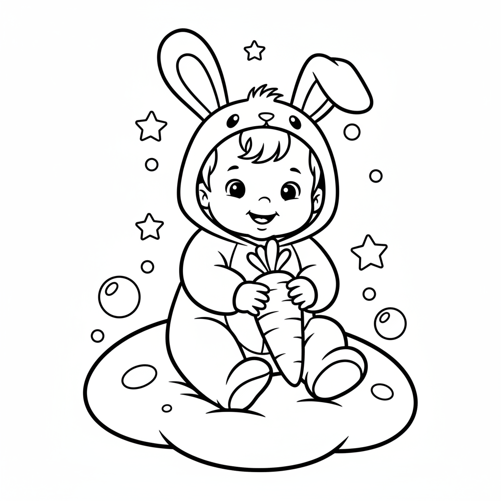 Baby wearing cute animal onesie with hood ears bunny - Free Printable Coloring Page Baby wearing cute animal onesie with hood ears bunny - Free Printable Coloring Page