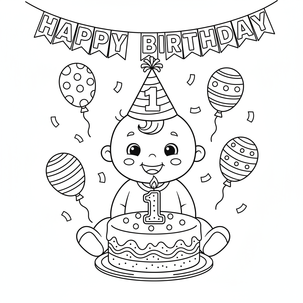 Baby with birthday hat and number one candle cake - Free Printable Coloring Page Baby with birthday hat and number one candle cake - Free Printable Coloring Page