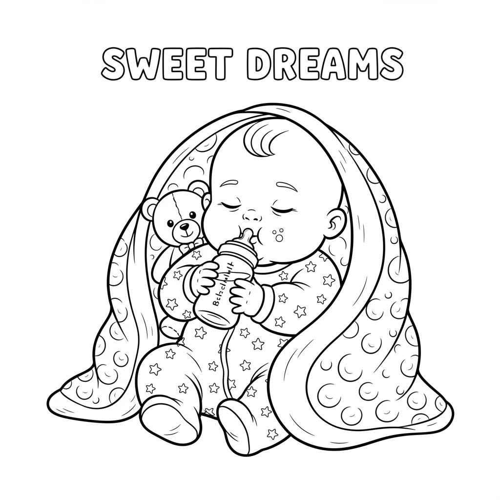 Baby with bottle drinking milk cozy and content - Free Printable Coloring Page