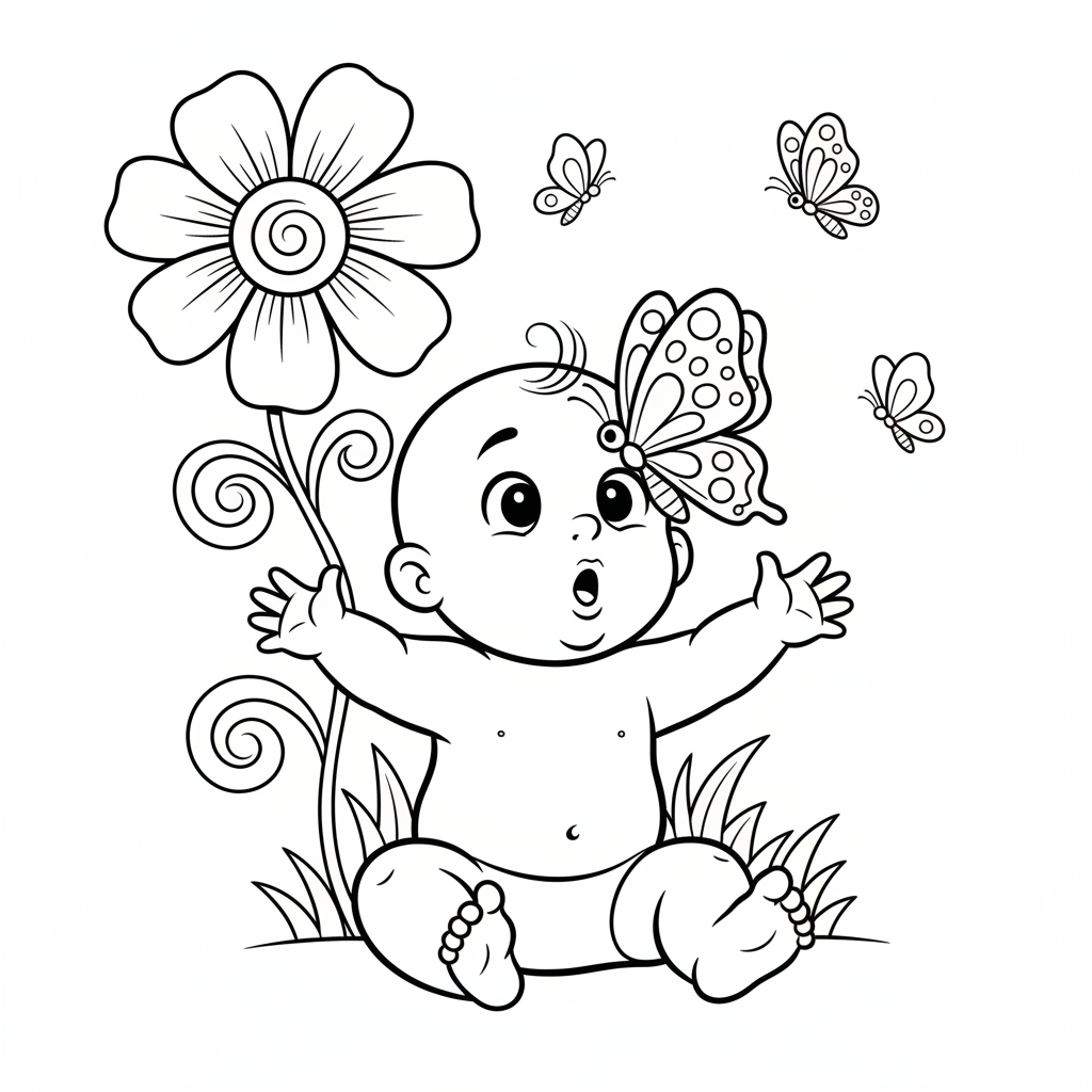 Baby with butterfly landing on nose surprised wonder - Free Printable Coloring Page Baby with butterfly landing on nose surprised wonder - Free Printable Coloring Page
