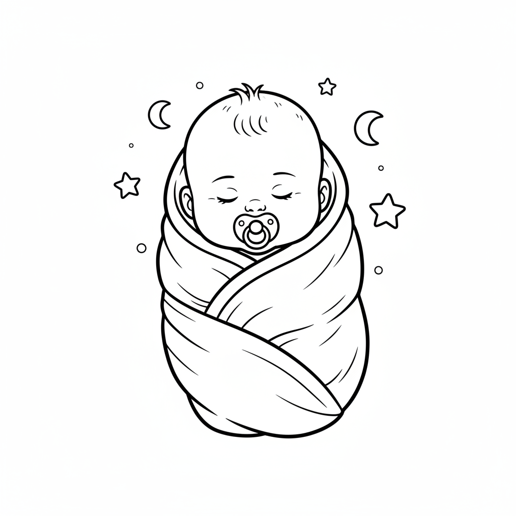 Baby with pacifier cuddled up in soft blanket nap - Free Printable Coloring Page Baby with pacifier cuddled up in soft blanket nap - Free Printable Coloring Page