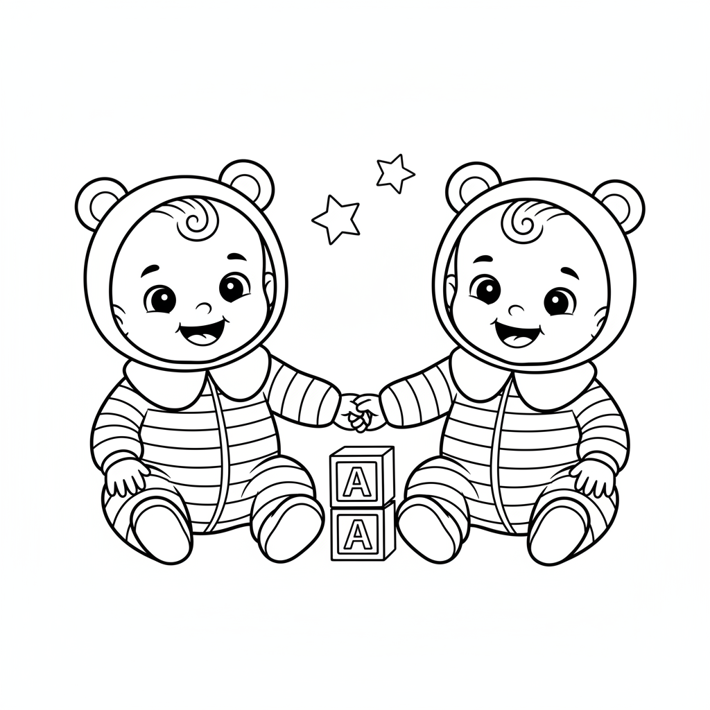Twin babies sitting together holding hands matching outfits - Free Printable Coloring Page