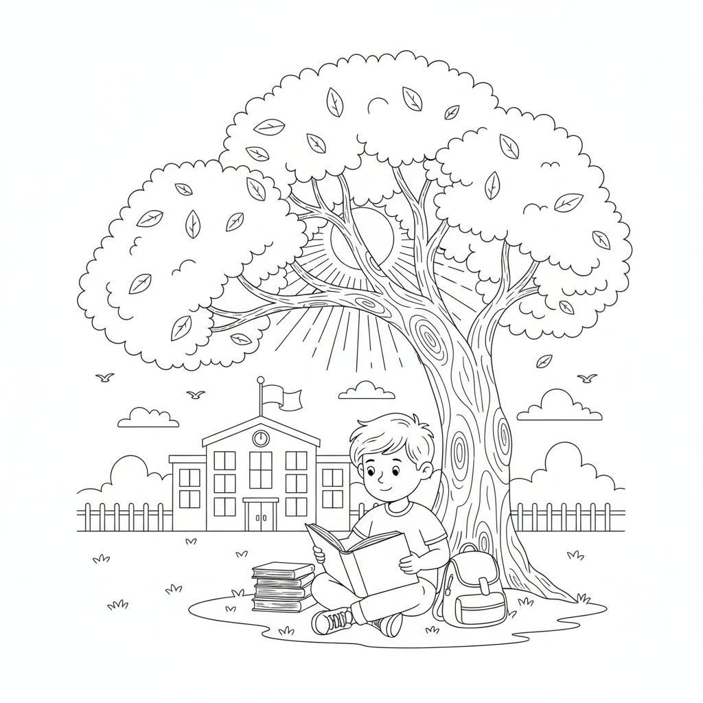 Child reading book under tree in schoolyard peaceful scene - Free Printable Coloring Page