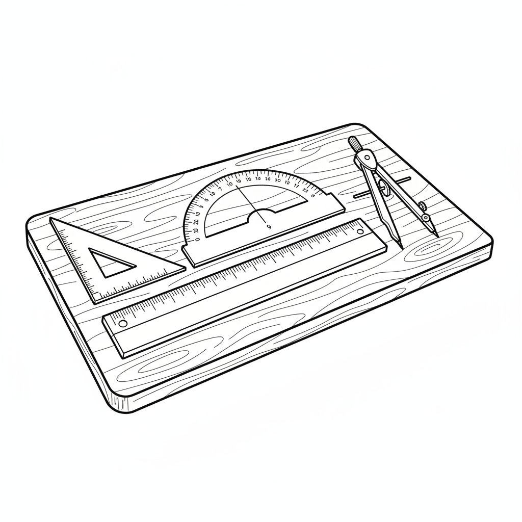 Desk with ruler protractor compass geometry tools arranged neatly - Free Printable Coloring Page