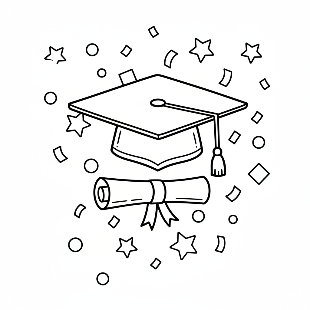 Escena de celebración con birrete y diploma de graduación y lluvia de confeti. - Free Printable Coloring Page