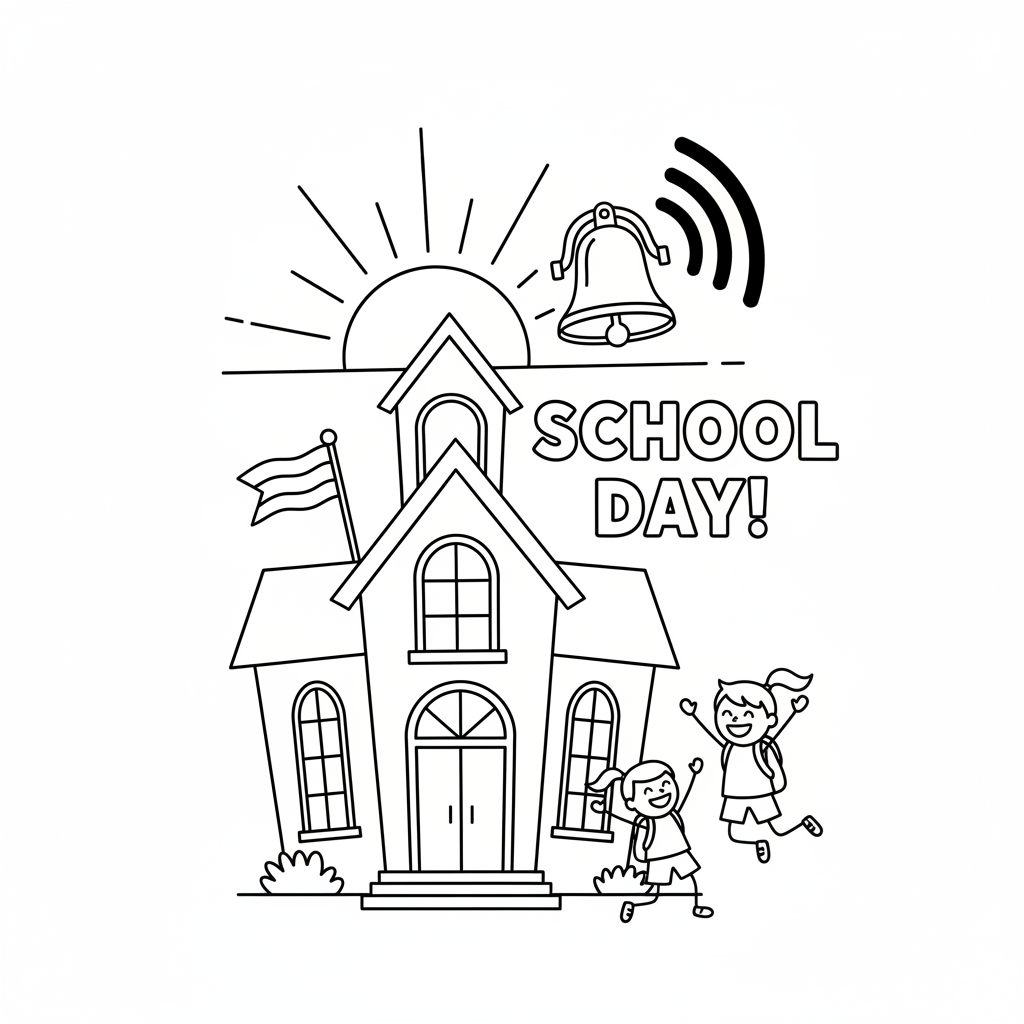 School bell ringing at top of building start of day - Free Printable Coloring Page