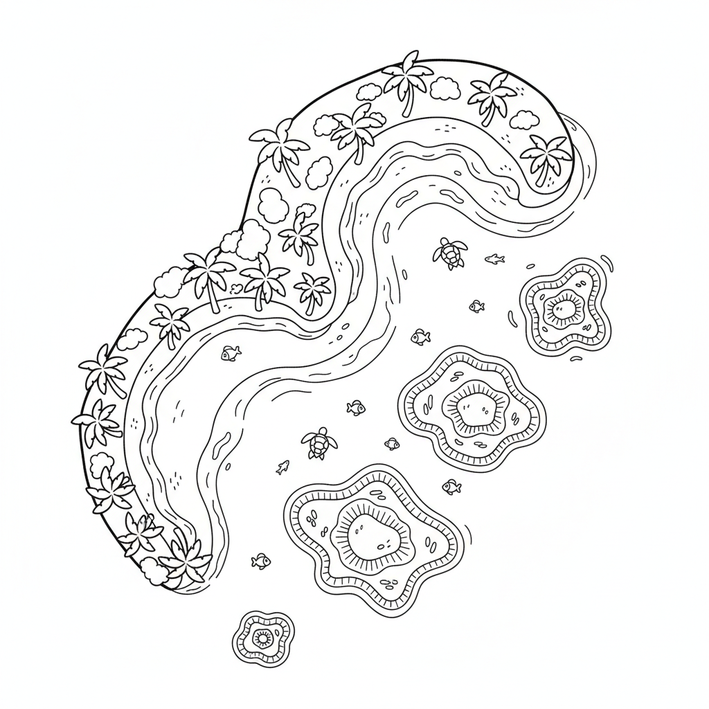 Vista aérea de una sinuosa costa tropical con playas calas y arrecifes - Free Printable Coloring Page