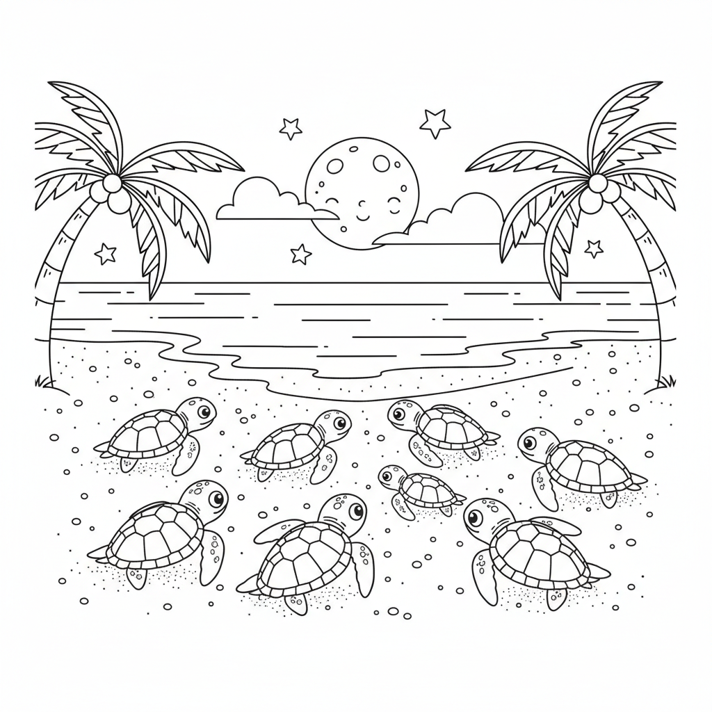 Beach sea turtle nest hatchlings crawling to ocean night - Free Printable Coloring Page