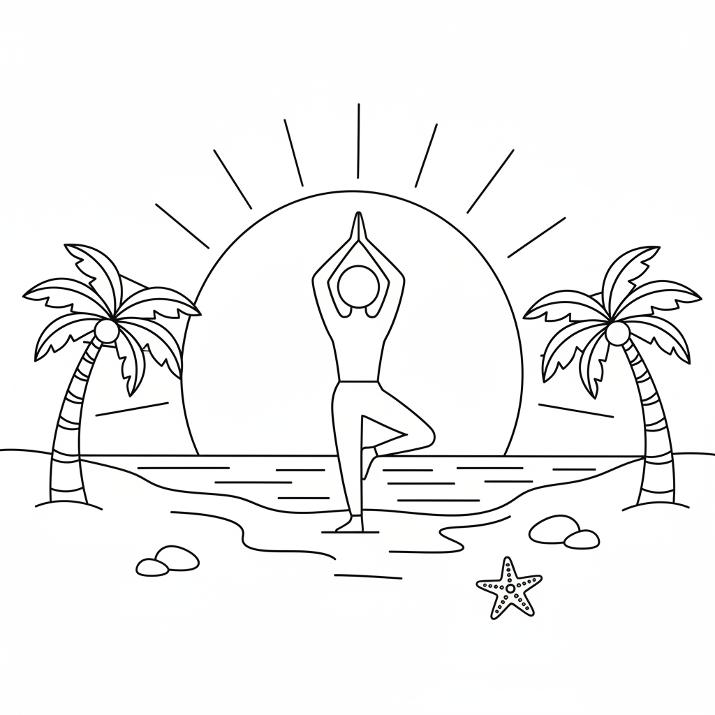 Beach yoga session at sunrise with person in tree pose on the sand - Free Printable Coloring Page
