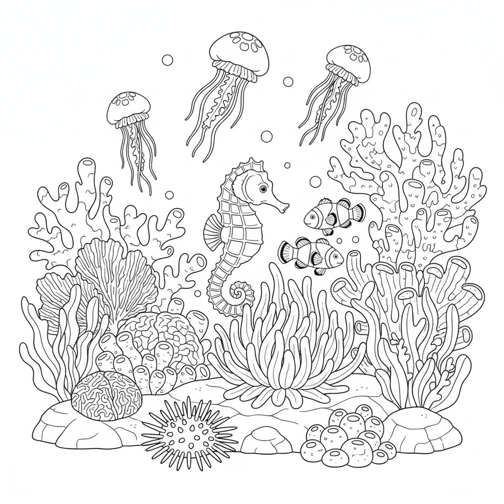 Detailed coral reef ecosystem with seahorse clownfish jellyfish and urchins - Free Printable Coloring Page