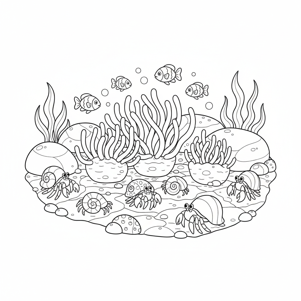 Detailed tide pool scene with sea anemones small fish and hermit crabs - Free Printable Coloring Page